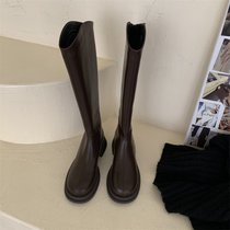 SUNTEK韩版棕色V口显瘦高筒靴女鞋2021年冬季新款圆头长筒靴不过膝长靴(39 黑色长筒单里361-2)