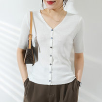 21夏季新款针织开衫女半袖韩版外搭毛衣短款五分袖薄外套修身显瘦(天蓝色 S)