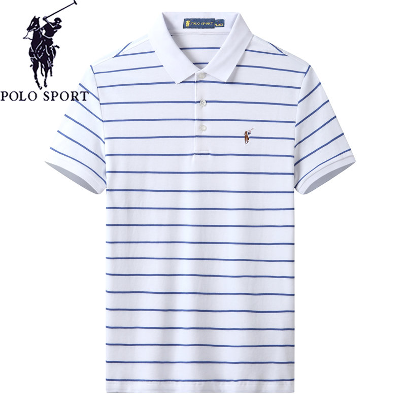 polosport刺绣条纹polo衫男棉质短袖t恤简约休闲翻领半袖上衣服白色l