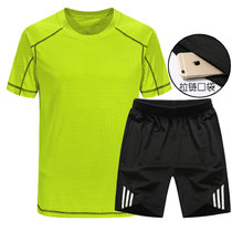运动套装男夏季短袖短裤健身服男运动T恤健身衣透气速干跑步1265(绿色-黑裤白条 4XL)
