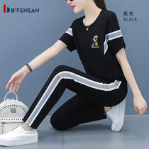 波梵森运动套装女夏装2021新款时尚大码洋气短袖长裤休闲跑步服两件套薄(黑色 XL)