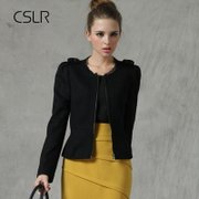 CSLR城市俪人 2013年新款经典外套优雅短款黑色毛呢外套 小外套6(黑色 S)