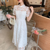 2021夏季新款中国风气质日常款旗袍纯色刺绣蕾丝连衣裙(白色 L)