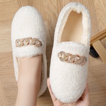 SUNTEK棉拖鞋女月子鞋秋冬季包跟家居产后居家室内厚底防滑外穿毛毛棉鞋(38码 白色（泰迪绒）)