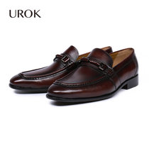 UROK时尚手工擦色男士商务休闲皮鞋 个性套脚乐福鞋 防滑一脚蹬低帮鞋(棕色、 41)