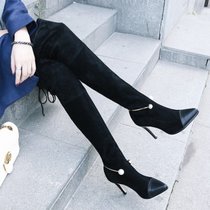 2017甜美磨砂全U型珍珠扣细跟高跟尖头套筒女士过膝长筒靴(39)(黑色)