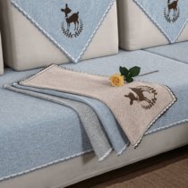 亚麻四季通用棉麻沙发垫防滑布艺沙发套夏季通用简约沙发巾坐垫套(小鹿-蓝)