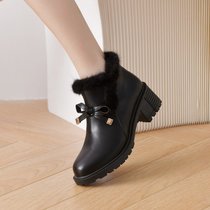 SUNTEK韩版短靴女学生2021年新款女靴子加绒高跟鞋子女秋冬季百搭毛毛鞋(35 黑色 厚绒里)