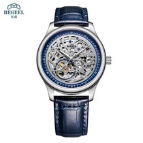 宾爵BEGEEL进口镂空机芯全自动机械手表时尚灰面蓝带奢华夜光男士表B3352M(银壳镂空灰面蓝带)