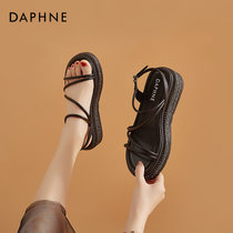 达芙妮厚底松糕鞋坡跟凉鞋女鞋2021年新款夏季绑带平底露趾罗马鞋(黑色 40)
