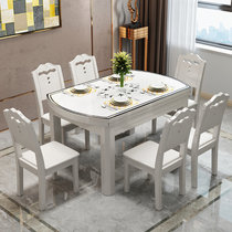 恒兴达 实木餐桌椅组合现代简约大理石圆餐桌折叠可伸缩家用小户型钢化玻璃饭桌子(全白-钢化玻璃 1.2m一桌八椅)