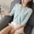2019夏装新款雪纺衫时尚韩版V领气质短袖衬衫女七分袖甜美上衣女(蓝色 XL)