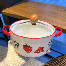 网红草莓泡面碗带盖可爱日式双耳汤碗大容量女学生宿舍陶瓷大号碗(透明玻璃盖草莓面碗 单碗)
