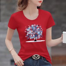 棉 T恤女夏季印花设计感体恤衫修身显瘦上衣韩版女装(雪花大树【红色】 L)