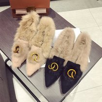尖头粗跟毛毛鞋女冬外穿2017新款韩版百搭水貂毛鞋中跟加绒高跟鞋(39)(卡其色)