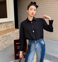 MISS LISA法式复古衬衫女设计感明线上衣春装新款宽松时尚衬衫98909(黑色 S)