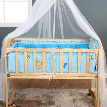 好事达 实木儿童床 双层收纳婴儿床 可调节床板防啃条护栏宝宝摇摇床 可做书桌(单层床蓝色熊)