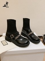SUNTEK马丁靴女2021年新款英伦风春秋季瘦瘦单靴黑色连袜短靴子乐福女鞋(37 22211-黑色)