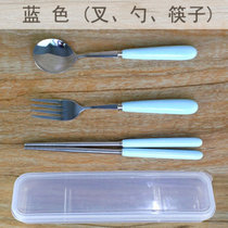 便携式陶瓷不锈钢三件套西餐具汤勺子筷子刀叉子套装创意可爱学生(叉-勺-筷子三件套(蓝色))