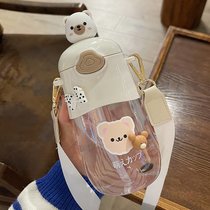 水杯女高颜值可爱带吸管儿童壶设计感小众塑料杯夏天2021新款杯子(熊头白色600ml+背带+卡通贴纸+3D贴纸（款式随机）)