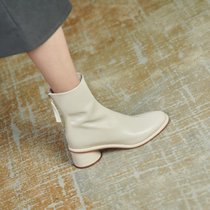 SUNTEK羊皮中跟女靴子2021秋冬季新款女鞋百搭米白色粗跟圆头小短靴(35 米白色（单里）)