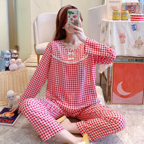 夏季薄款长袖棉绸睡衣女士套装韩版大码人造棉空调家居服绵绸春秋(8026-红色格子 XL)