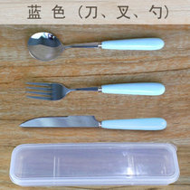 便携式陶瓷不锈钢三件套西餐具汤勺子筷子刀叉子套装创意可爱学生(刀-叉-勺-三件套(蓝色))