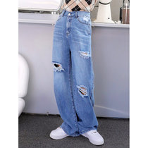女装休闲 舒适面料 牛仔破洞长裤 做旧设计感复古时尚(XL)