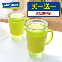 韩国Glasslock原装进口玻璃办公家用带把手带盖情侣儿童茶水牛奶杯(苹果绿380ml带把手)