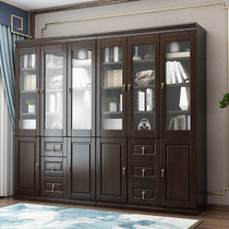 朷木 新中式实木书柜现代简约2345玻璃门设计书房文件柜客厅展示收纳柜(紫檀色 五门书柜)