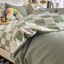 北欧风黑白被套四件套1.5米水洗棉纯色床上用品单人学生宿舍床单三件套4(抖音-绿)