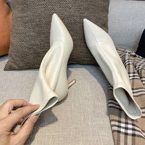 SUNTEK靴子女2021秋冬季新款高跟女鞋尖头短靴女粗跟弹力瘦瘦靴中跟中筒(37 细跟米白色（绒里） 跟高8cm)