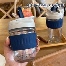 韩国ins风吸管玻璃水杯女高颜值带吸管创意冷萃网红牛奶咖啡杯子(双饮小号350ML-青花蓝+卡通贴纸)