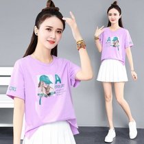 印花短袖T恤女装夏季时尚ins潮洋气打底衫设计感开叉上衣(紫色 COOL GIRL+袖子印花 M 100斤以内)
