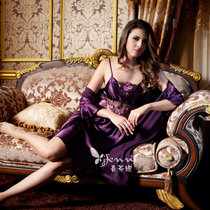 喜芬妮春秋款丝质蕾丝吊带长袖睡裙二件套女士睡衣家居服礼盒(8208紫色 XXL)