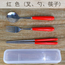 便携式陶瓷不锈钢三件套西餐具汤勺子筷子刀叉子套装创意可爱学生(叉-勺-筷子三件套(红色))
