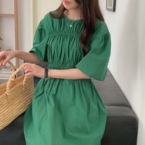 韩系简约圆领收腰显瘦灯笼泡泡袖显瘦连衣裙(绿色 均码)