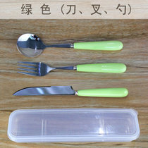 便携式陶瓷不锈钢三件套西餐具汤勺子筷子刀叉子套装创意可爱学生(刀-叉-勺-三件套(绿色))