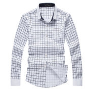 夏季男士休闲衬衫 新款全棉格子韩版修身商务休闲长袖衬衣(白色 XL)