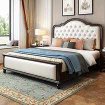 吉木多 小美式实木床 1.8米1.5米主卧欧式双人床现代简约白色软靠卧室婚床(1.8*2米黑檀色 床+床头柜*1)
