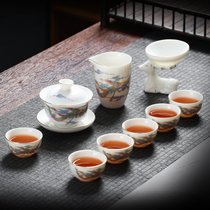 羊脂玉茶具玻璃功夫红茶高档套装不烫手盖碗泡茶白瓷家用送礼茶杯(凤凰脱涅羊脂玉10头（描金）)