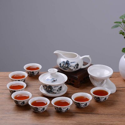 13件套功夫茶具套装茶杯茶壶整套陶瓷茶具家用茶具盖碗白瓷陶瓷现代简约盖碗喝茶壶 多选择(12件套功夫茶具【山水】)