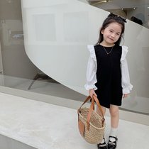 秋季女童连衣裙韩版新款洋气儿童装小女孩拼接袖公主裙子 黑白 90cm(140cm 默认版本)