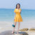 阿琳家2018夏季新款韩版女装修身显瘦短袖气质纯色连衣裙短裙裙子(黄色)(M)