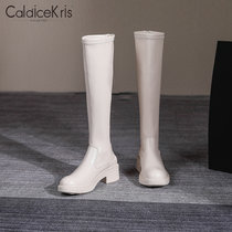 CaldiceKris（中国CK）圆头粗跟长筒靴女显瘦弹力靴女CK-X8966(白色 34)