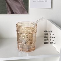 复古太阳花玻璃杯带盖带吸管咖啡杯高颜值ins风浮雕家用喝水杯子(琥珀单杯-矮款【送吸管+吸管刷】)
