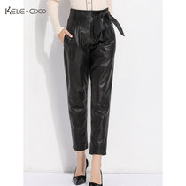 KELECOCO系带皮裤九分裤K322(黑色 XL)