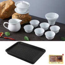 黑色加厚不锈钢储排水式茶盘带茶杯便携双层托盘长方形沥水盘漏盘(大号茶盘（排水式）+10头纯白茶杯)