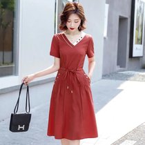 小个子v领连衣裙女夏装2021新款韩版收腰气质女神范雪纺中长裙子(红色 L)