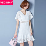 VEGININA 韩版V领短袖中长款蕾丝连衣裙 9566(白色 S)